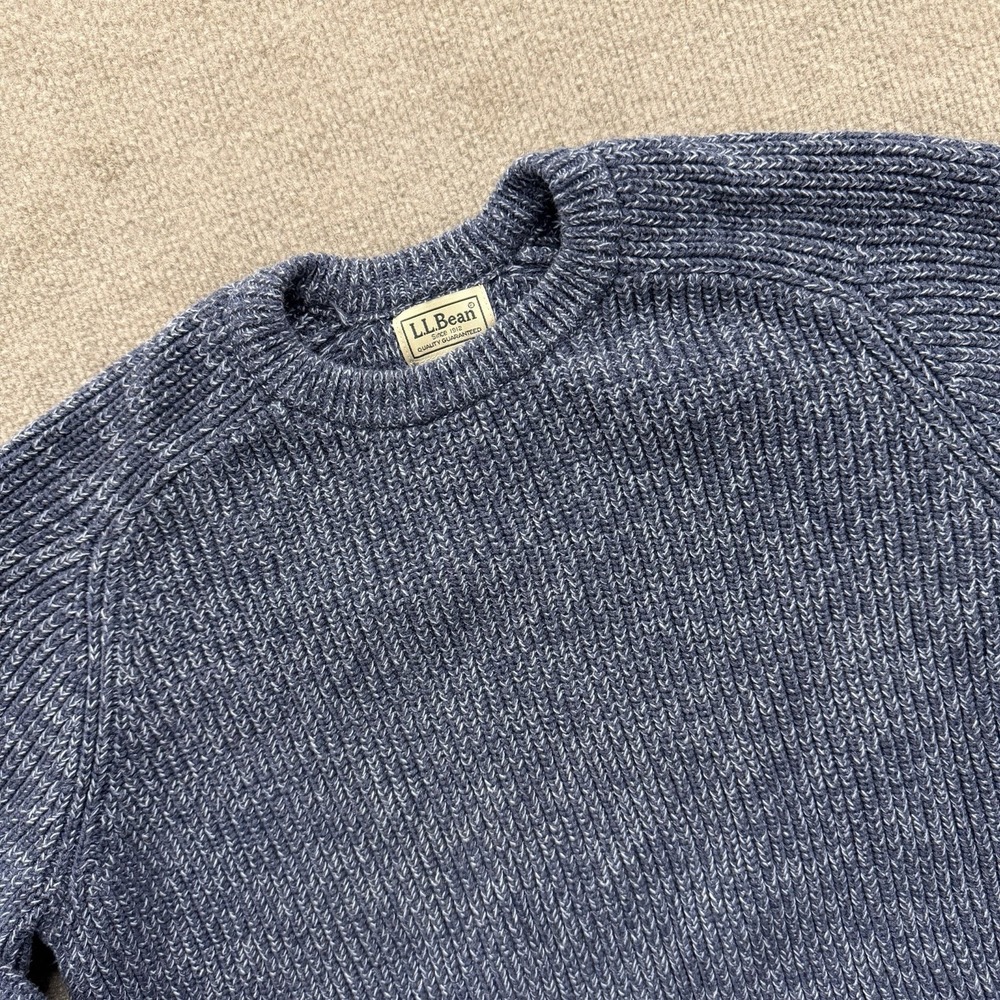 LL Bean Men's Medium Blue Organic Cotton Waffle Knit Fisherman Sweater